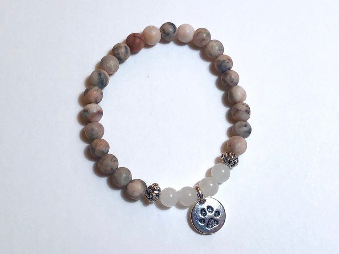pink gray agate and jade bracelet with paw print