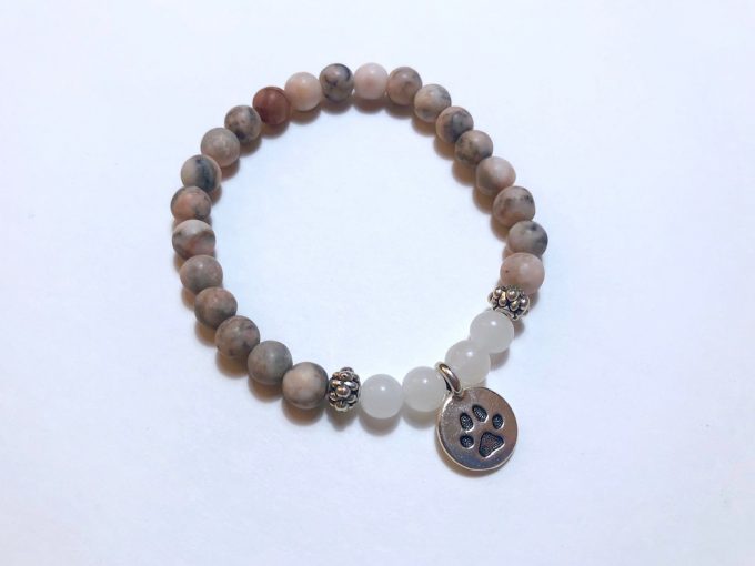 pink gray agate and jade bracelet with paw print