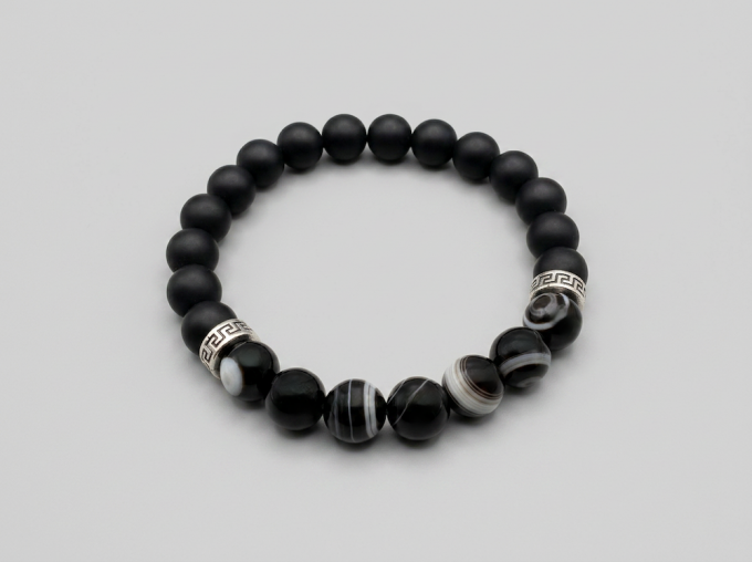8mm-black-onyx-black-stripe-agate-silver-bracelet
